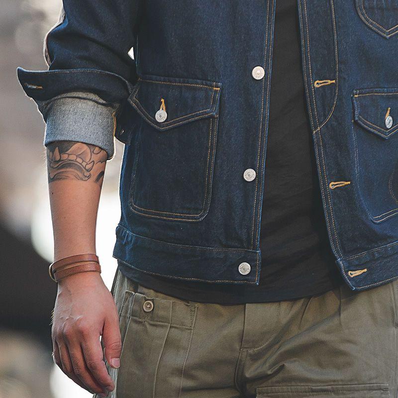 Mens Retro Colorblock Lapel Multi-pocket Denim Jacket 22779889Z
