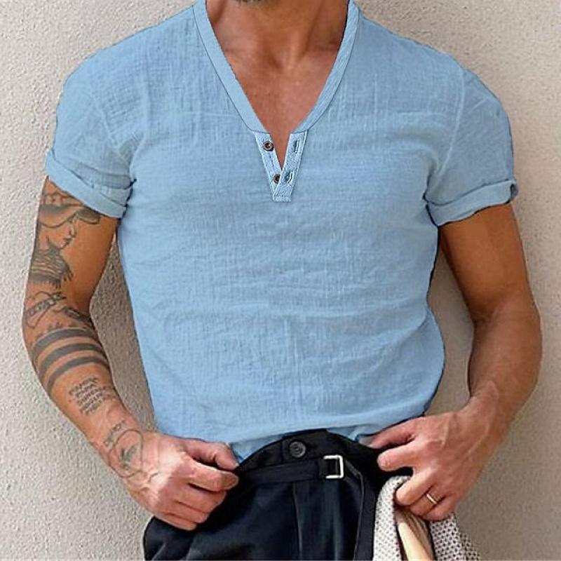 Mens Solid Color Buttons V Neck Short Sleeve Cotton T-shirt 64690208Z