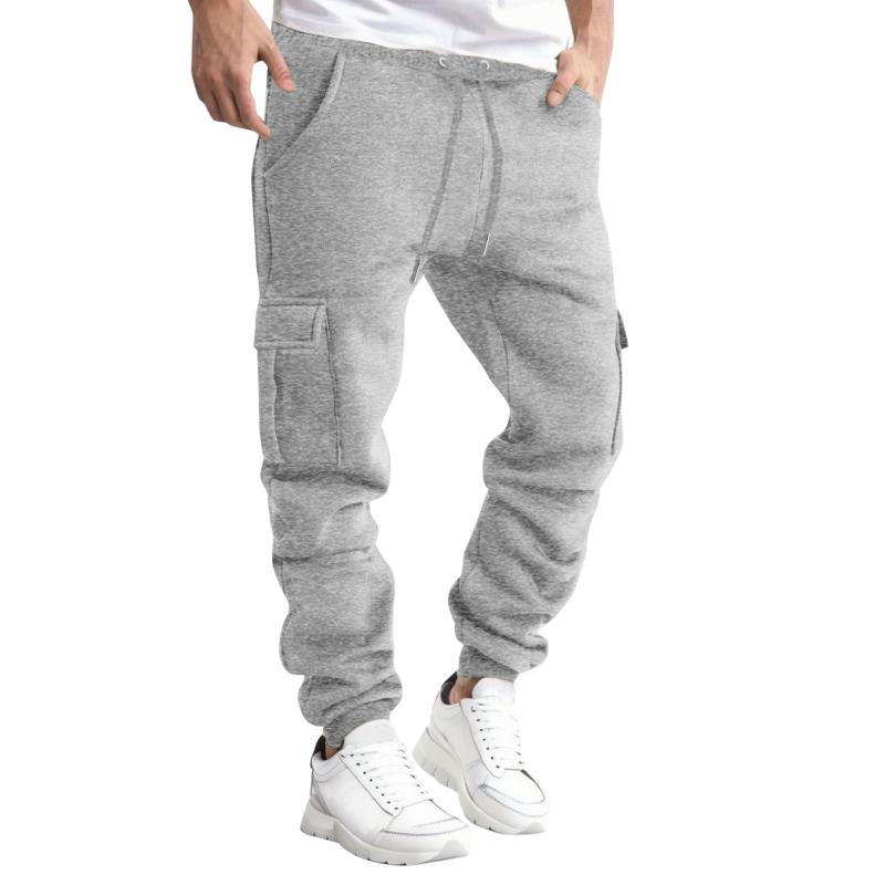 Mens Solid Color Loose Elastic Waist Multi-pocket Thickened Casual Pants 92158056Z