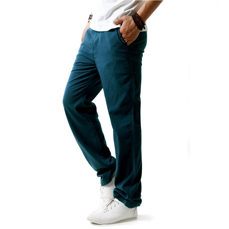 Mens Solid Straight Linen Elastic Waist Casual Pants 30995013Z