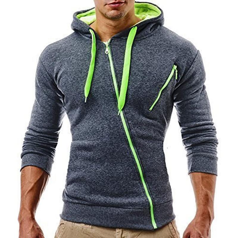 Mens Color-block Diagonal Zipper Long Sleeve Casual Hoodie 75932713Z
