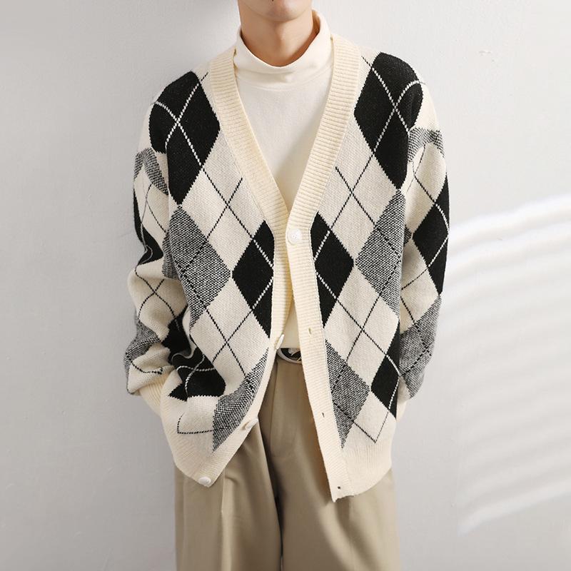 Mens V Neck Rhombus Color Block Loose Casual Knit Cardigan 70646741Z