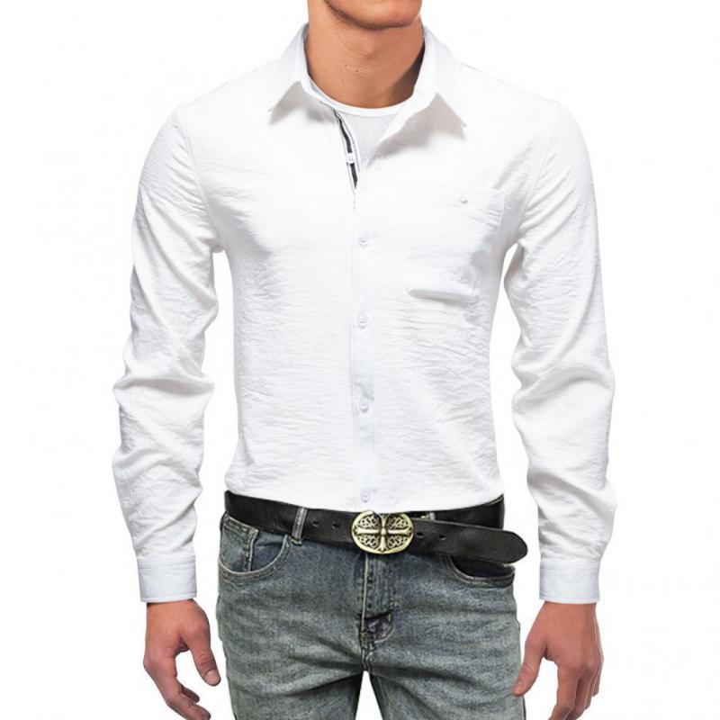 Mens Solid Cotton Linen Lapel Long Sleeve Casual Shirt 07037470Z
