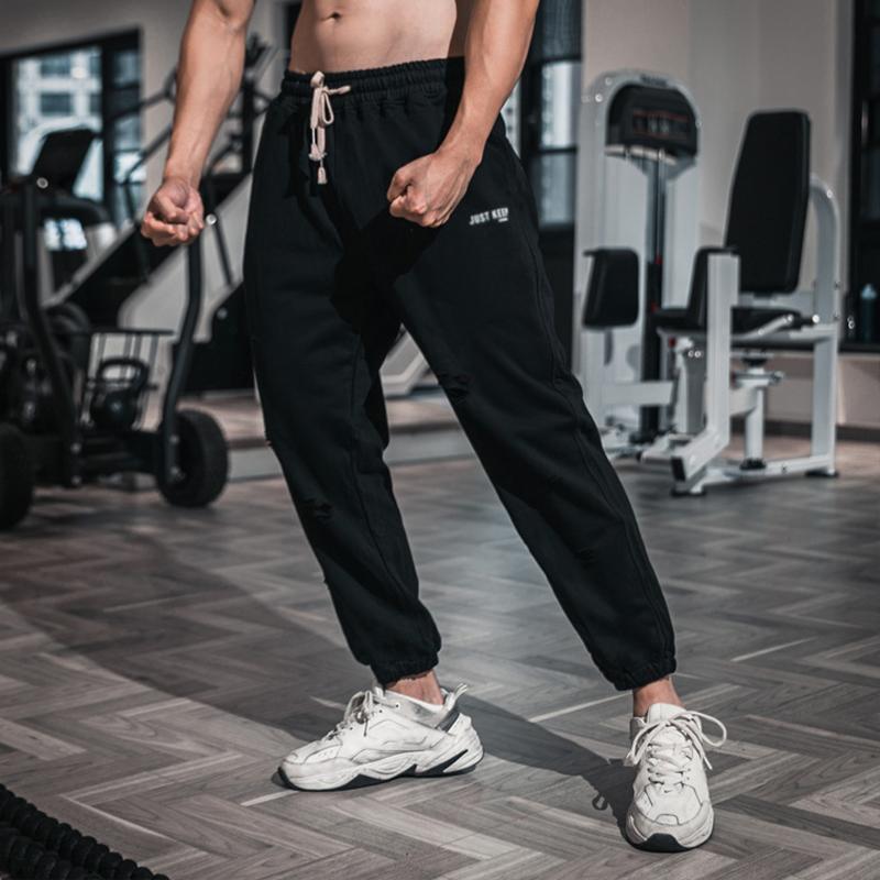Mens Solid Cotton Holes Loose Sports Fitness Casual Trousers 09609887Z
