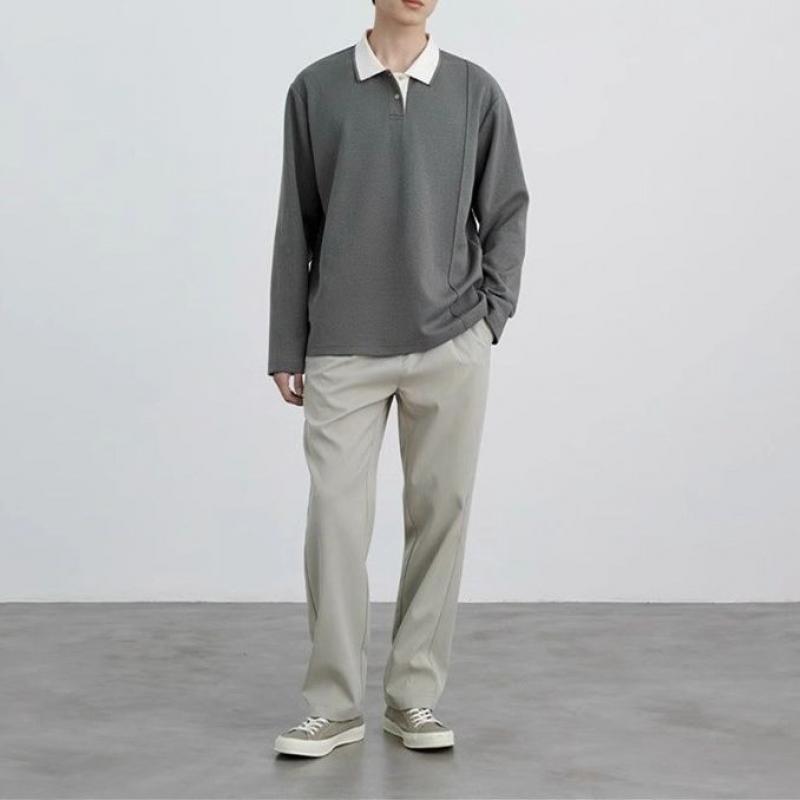 Mens Color Block Lapel Long Sleeve Casual Polo Shirt 24285762Z