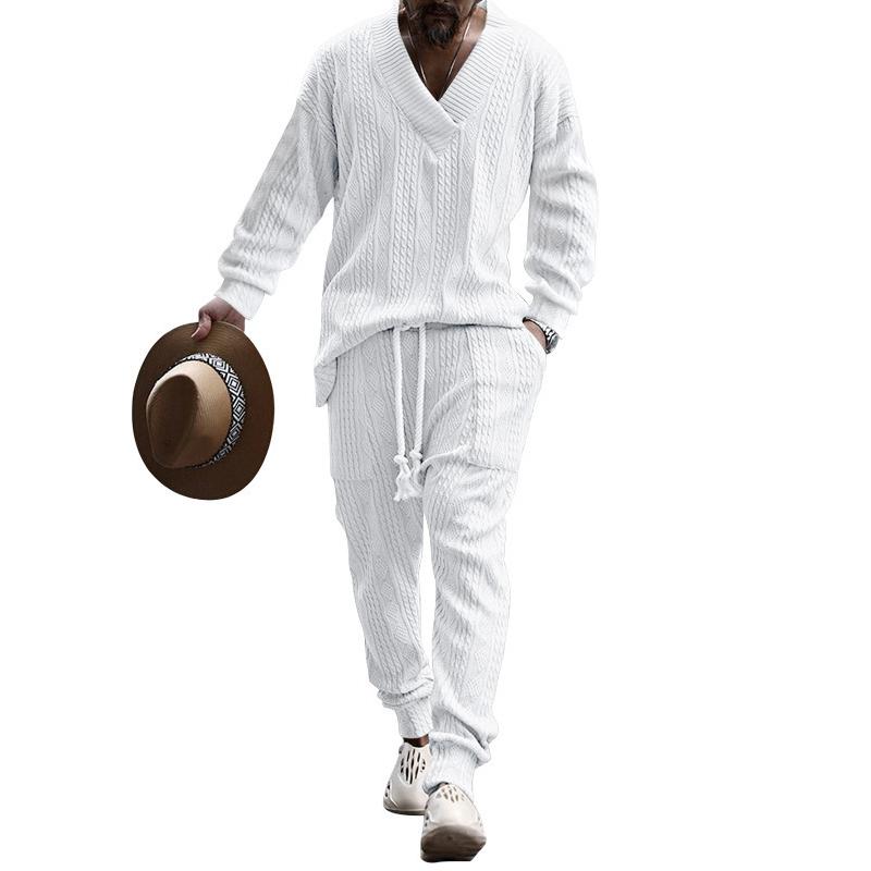 Mens Solid V-Neck Jacquard Knitwear Long Sleeve Top And Trousers Set 04682453Z