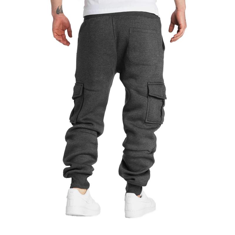 Mens Solid Fleece Multi-pocket Elastic Waist Sports Trousers 90538121Z