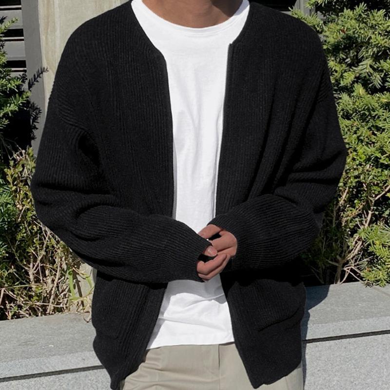 Mens Solid Round Neck Pockets Zipper Knit Cardigan 88622783Z