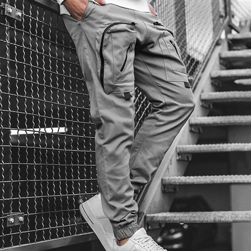 Mens Solid Multi-pocket Cargo Casual Trousers 18043826Z