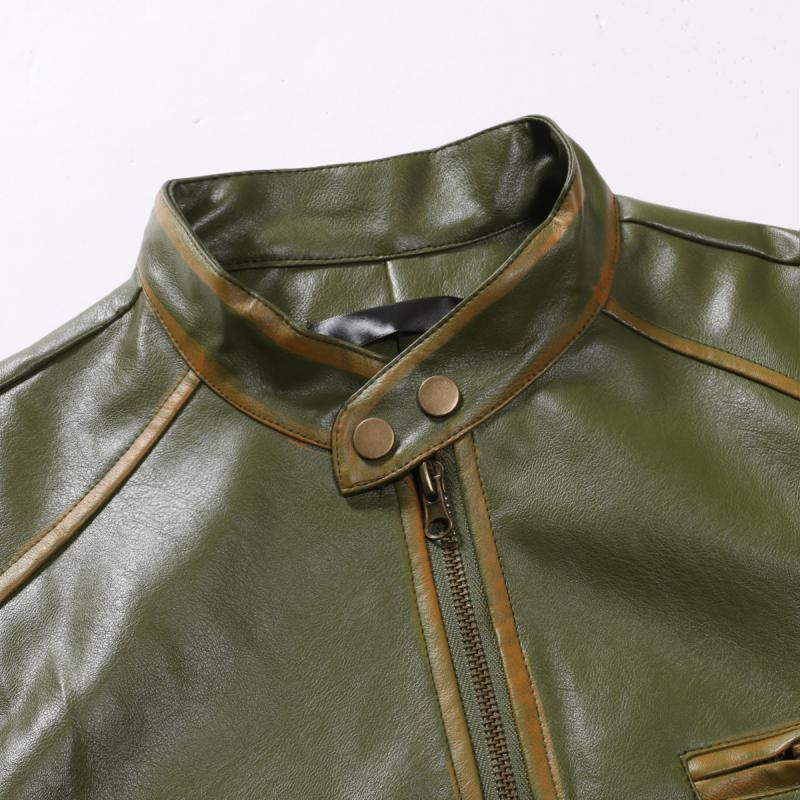 Mens Vintage Distressed Stand Collar Contrast Color Motorcycle Leather Jacket 10108770M