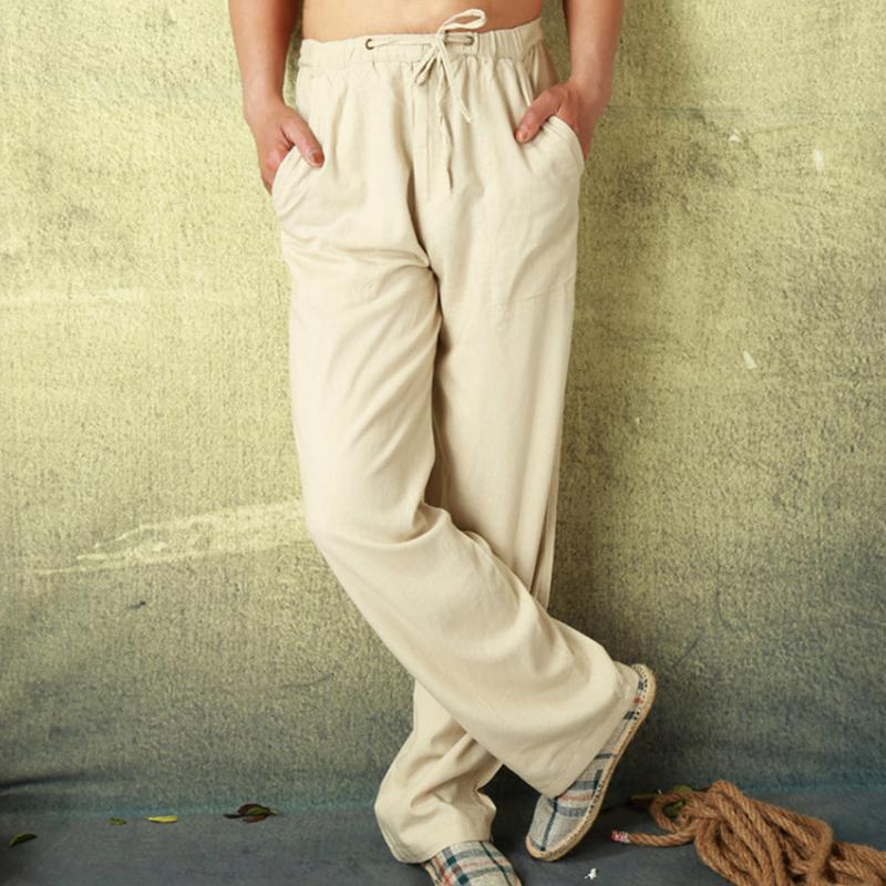 Mens Solid Loose Linen Drawstring Elastic Waist Casual Pants 17384655Z