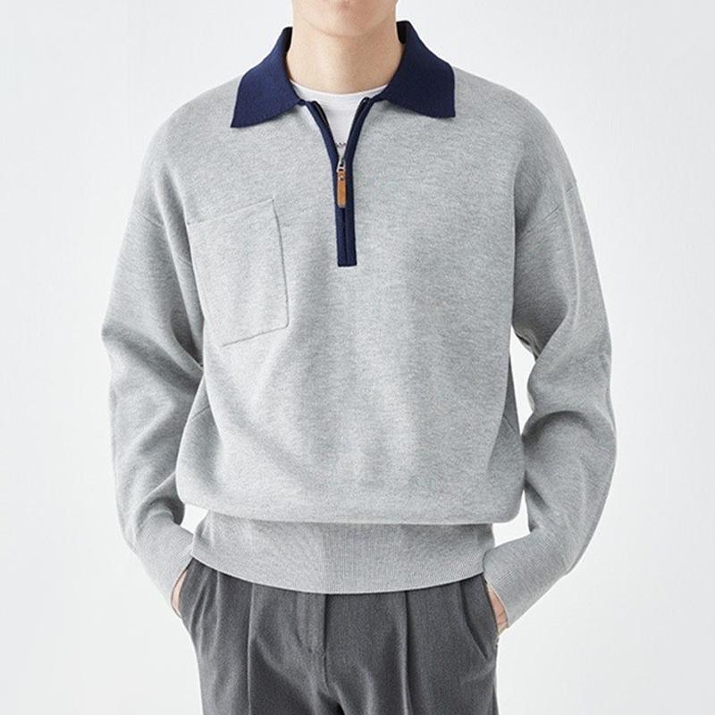Mens Color Block Zipper Lapel Breast Pocket Long Sleeve Knit Polo Shirt 82740147Z