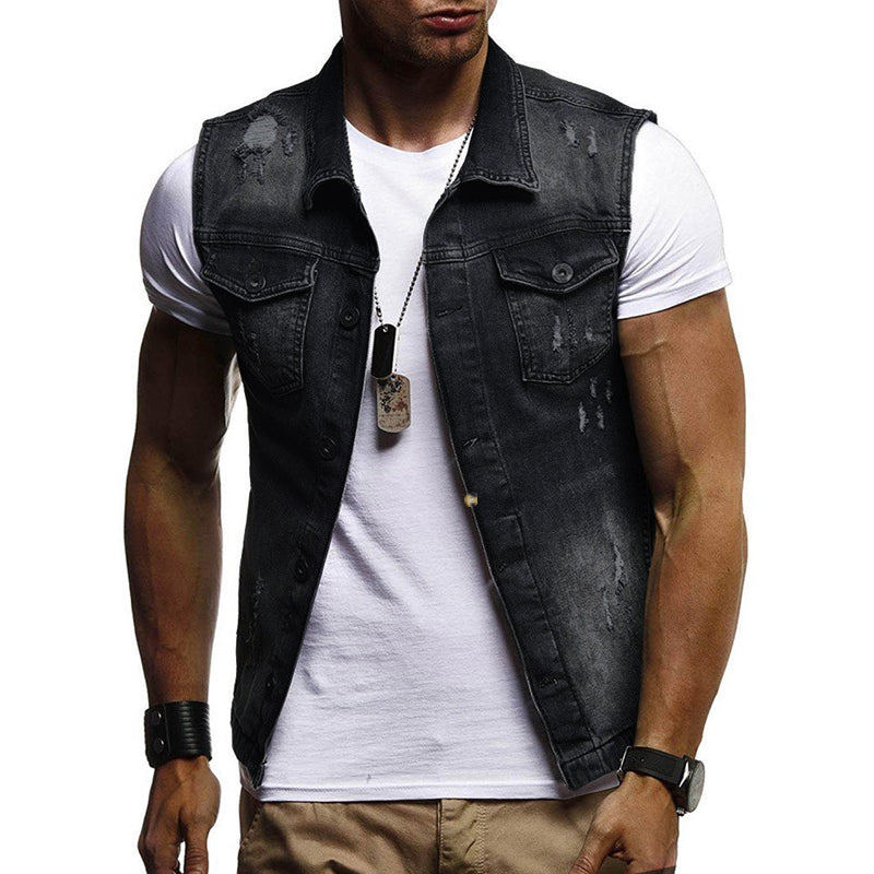 Mens Casual Washed Ripped Denim Vest 62135222M