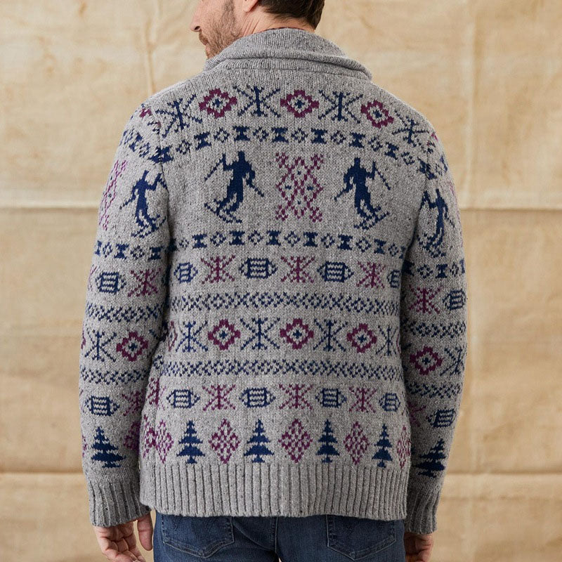 Mens Lapel Vintage Jacquard Knit Single Breasted Cardigan 79918337M