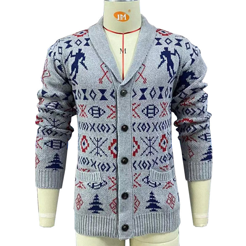 Mens Lapel Vintage Jacquard Knit Single Breasted Cardigan 79918337M