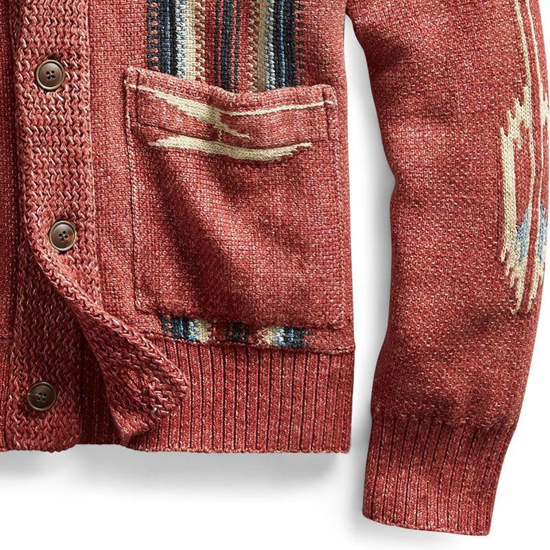 Mens Vintage Jacquard Lapel Long Sleeve Knit Cardigan 51482095M