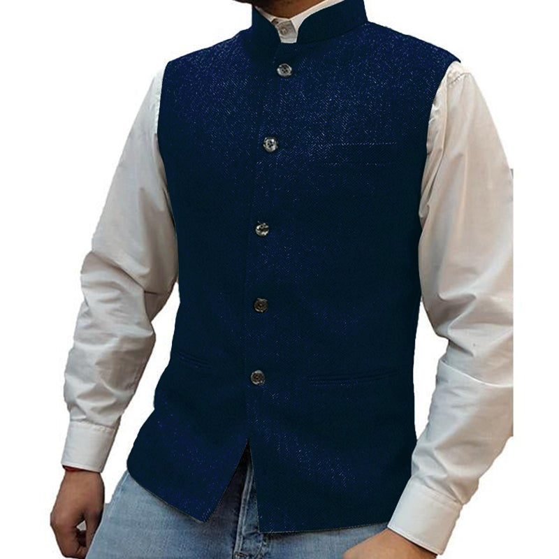 Mens Stand Collar Herringbone Single Breasted Vest 76418897M