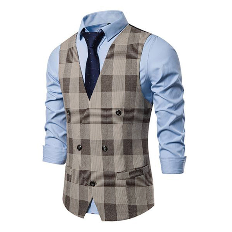 Mens Casual V-Neck Plaid Suit Vest 97343336M