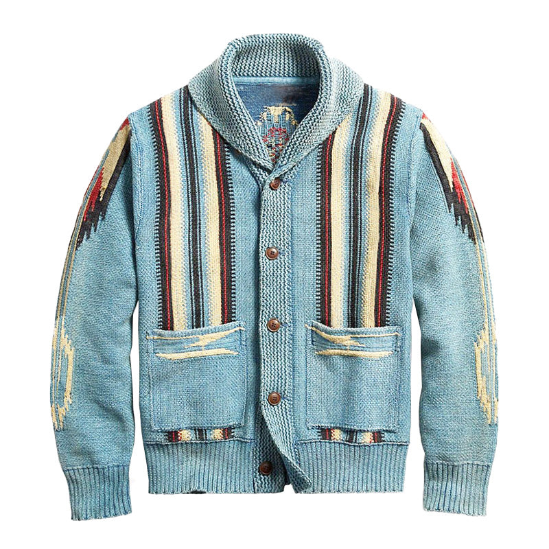 Mens Vintage Jacquard Lapel Long Sleeve Knit Cardigan 51482095M