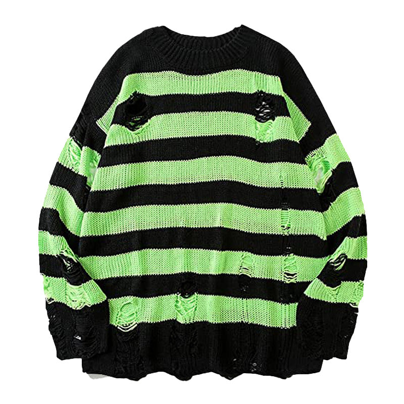 Mens Casual Round Neck Striped Ripped Sweater 27144386M