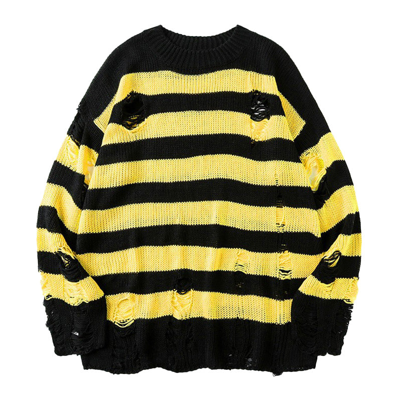 Mens Casual Round Neck Striped Ripped Sweater 27144386M