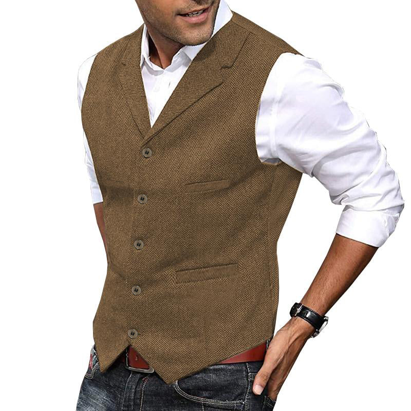 Mens Vintage Herringbone Lapel Single Breasted Slim Vest 34062296M