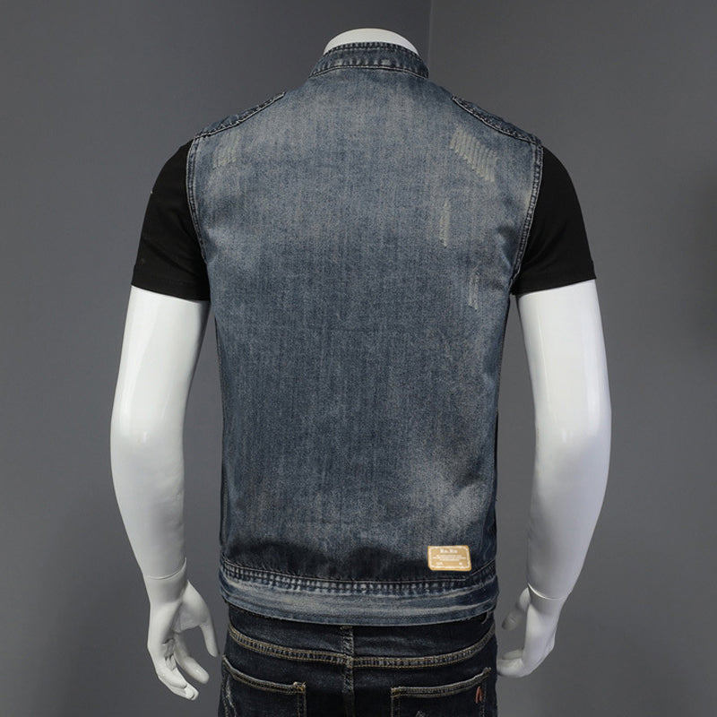 Mens Vintage Stitching Stand Collar Motorcycle Denim Vest 17095434Y