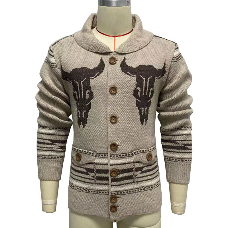 Mens Lapel Vintage Jacquard Knit Cardigan Jacket 26382727M