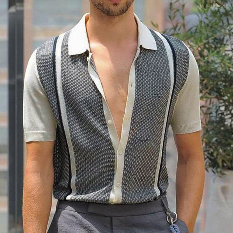 Mens Casual Color Contrast Striped Short-sleeved Lapel Knitted Polo Shirt 50407869M