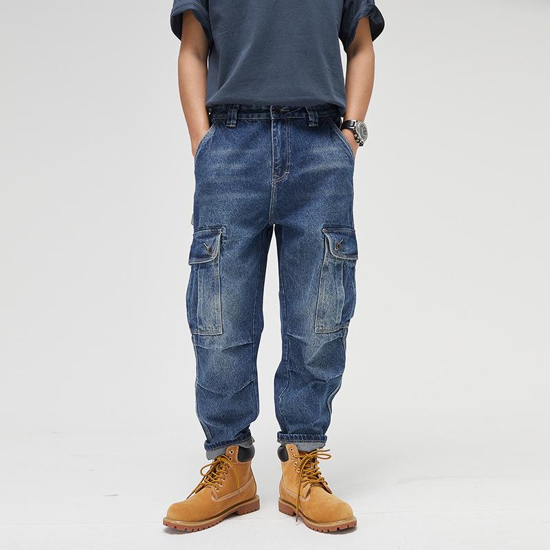 Mens Vintage Washed Multi-Pocket Loose Cargo Denim Straight Pants 51679875M