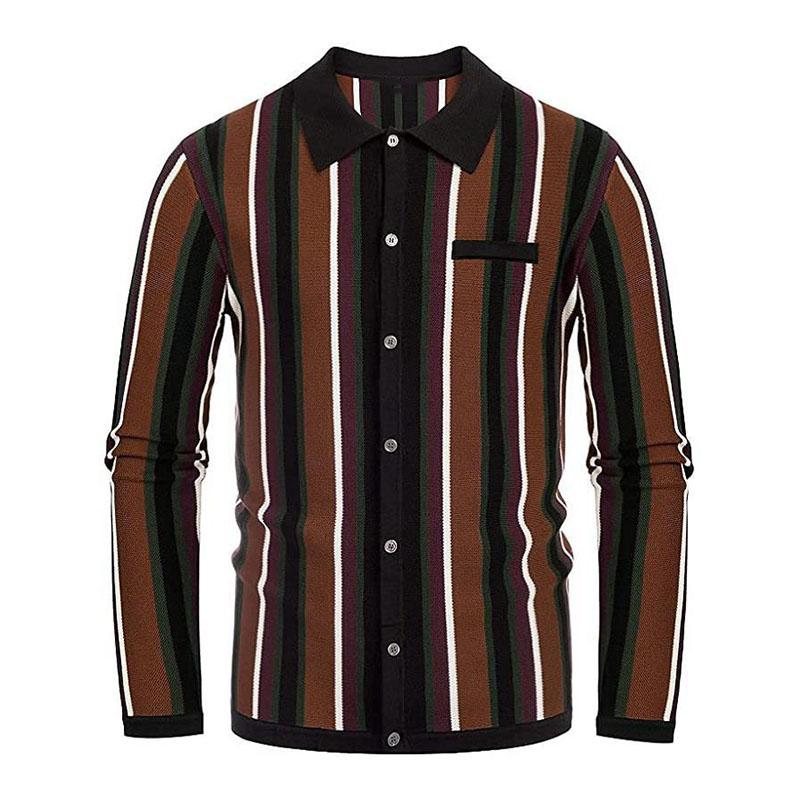 Mens Lapel Striped Jacquard Long Sleeve Knitwear 70348053M