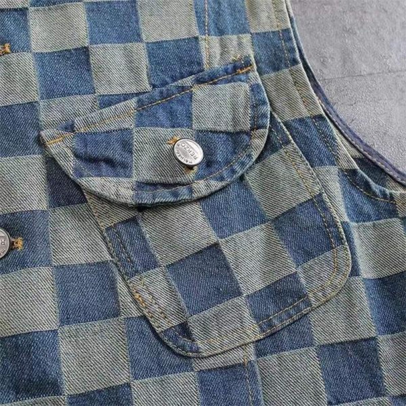 Mens Vintage Multi-pocket Cotton Washed Plaid Denim Vest 22819911M