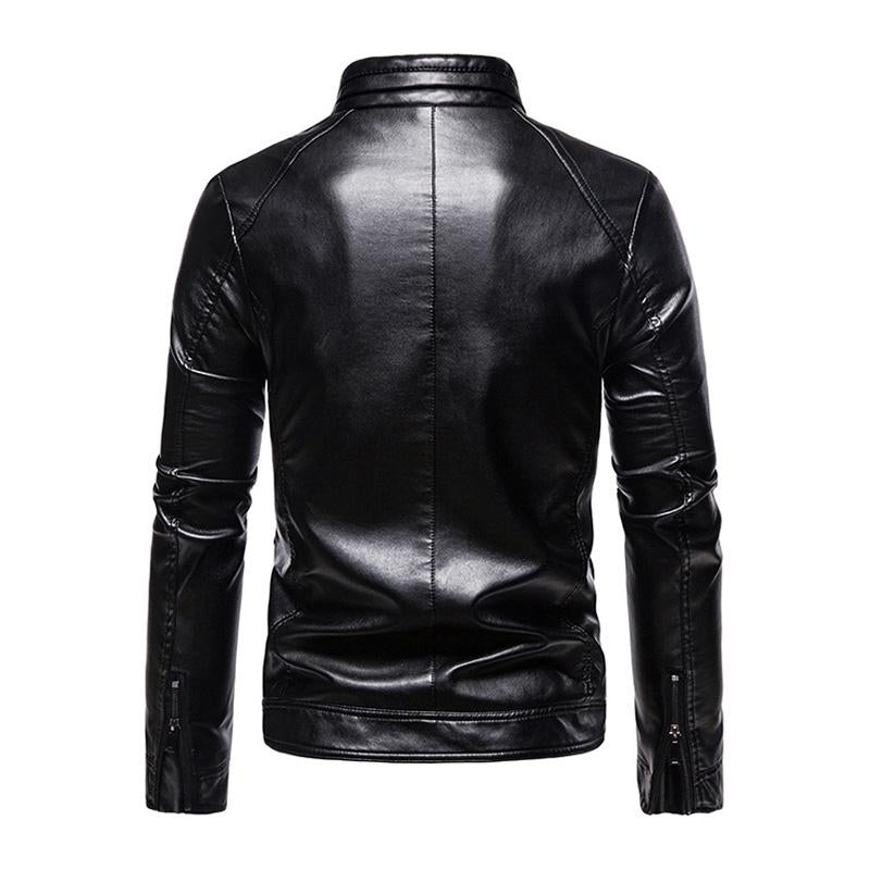 Mens Vintage Slim Stand Collar Panel Leather Biker Jacket 91771623M