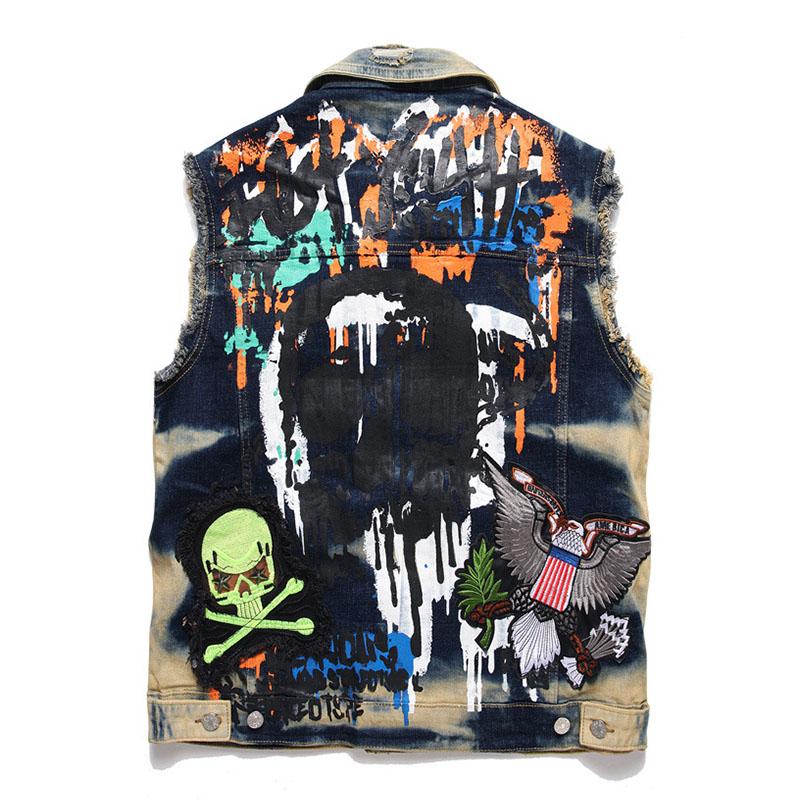 Mens Casual Washed Embroidery Print Lapel Collar Loose Denim Vest 39872810M