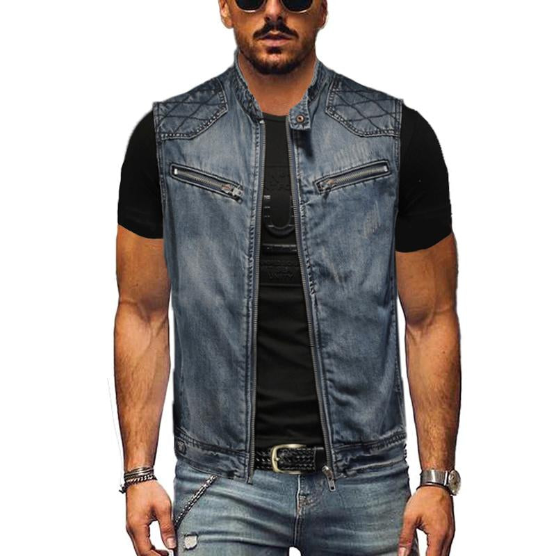 Mens Vintage Stitching Stand Collar Motorcycle Denim Vest 17095434Y