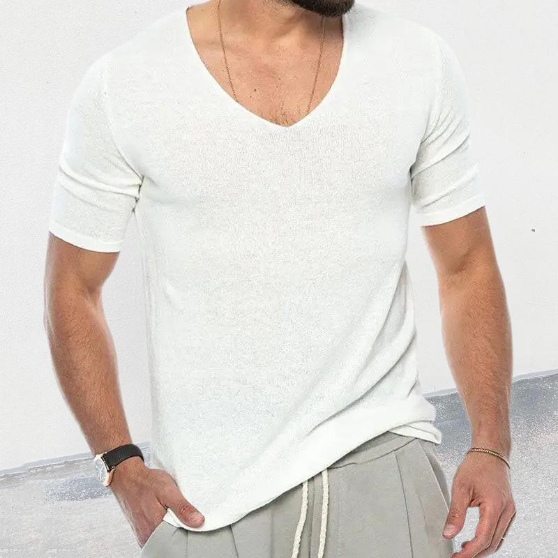 Mens Casual Solid Color V -Neck Short -Sleeved Knit Sweater 05621460Y