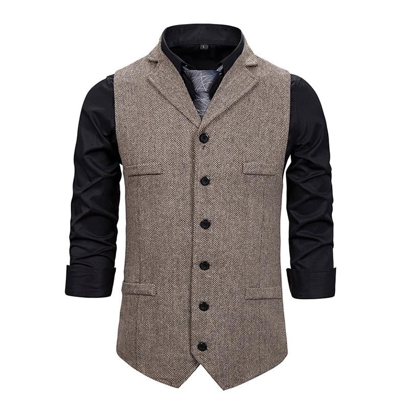 Mens Vintage Lapel Herringbone Single Breasted Vest 05741062M