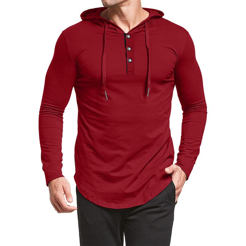 Mens Casual Round Neck Button Loose Long Sleeve Hooded T-Shirt 14365821M