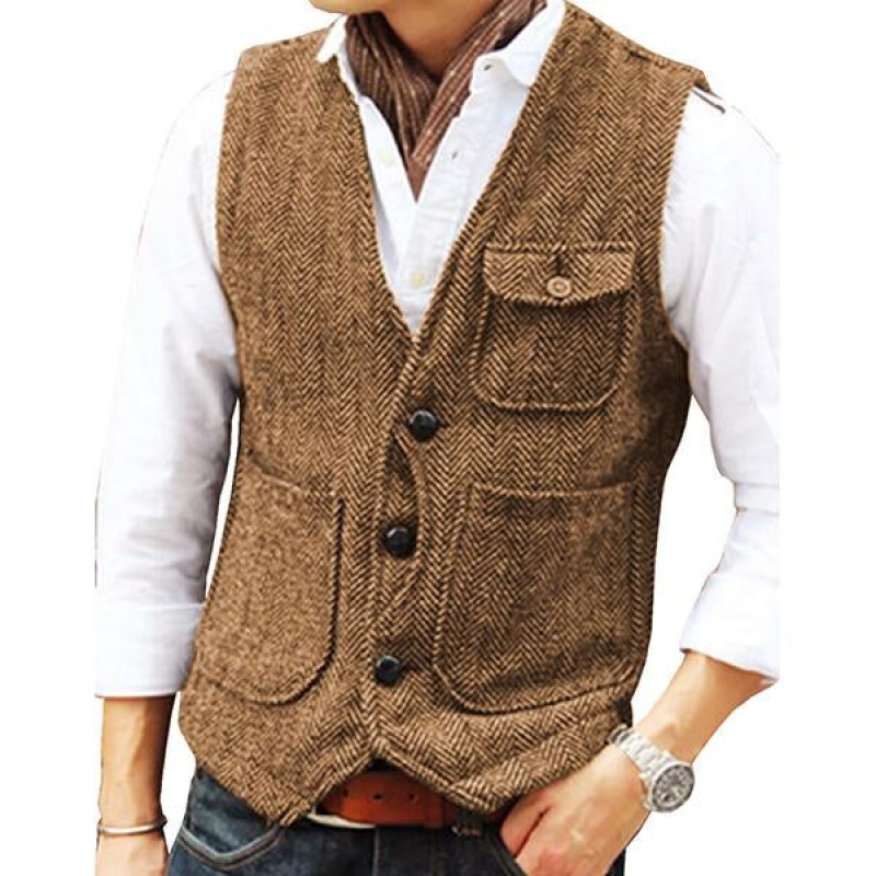 Mens V-neck Single-breasted Tweed Vest 39854419M