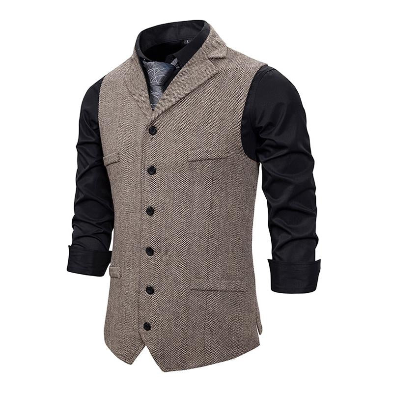 Mens Vintage Lapel Herringbone Single Breasted Vest 05741062M