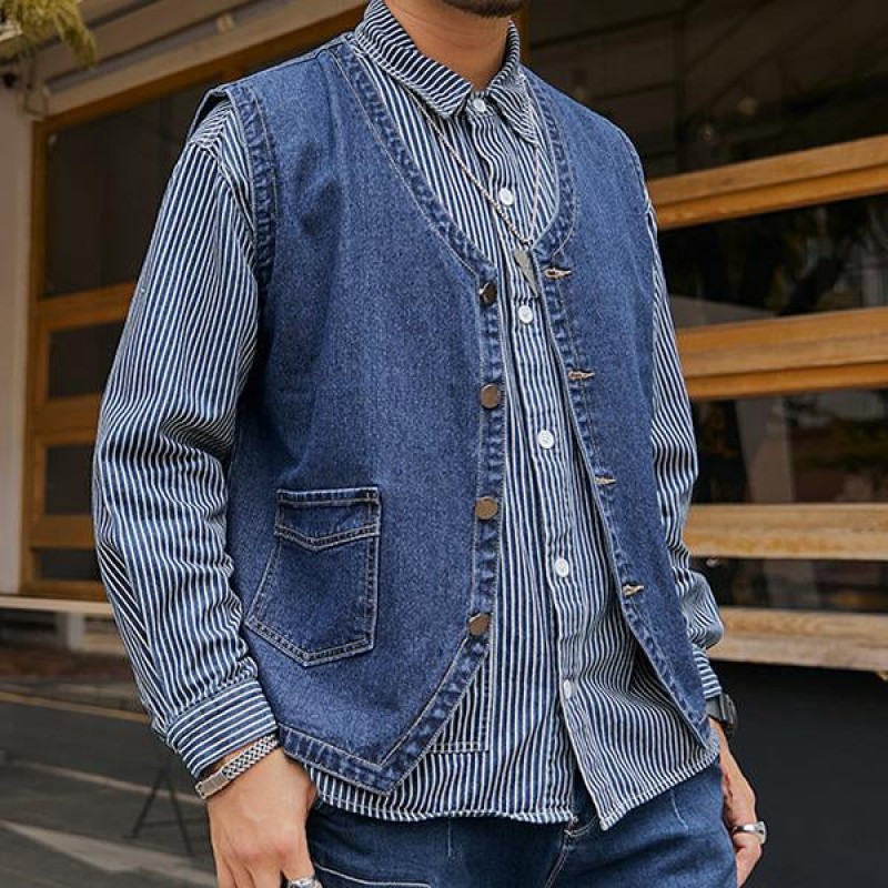 Mens Casual Loose Single Breasted Denim Vest 69915126M