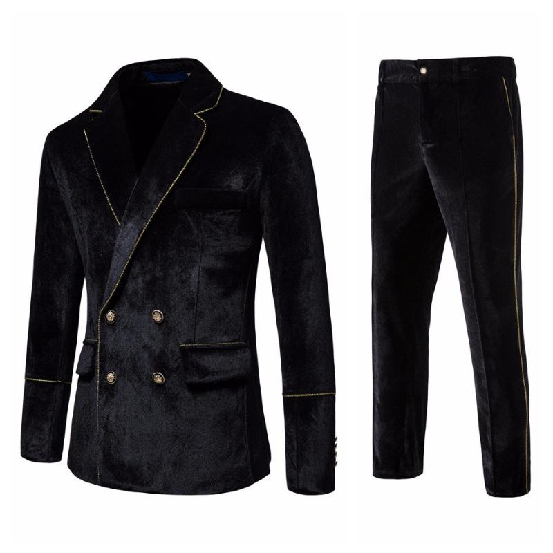 Mens Vintage Contrast Trim Velvet Double Breasted Wedding Blazer Pants Suit 01449780M