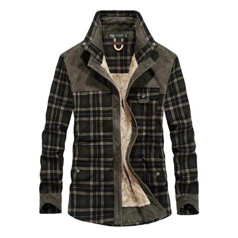 Mens Washed Cotton Plaid Lapel Fleece Thermal Jacket 14246512M