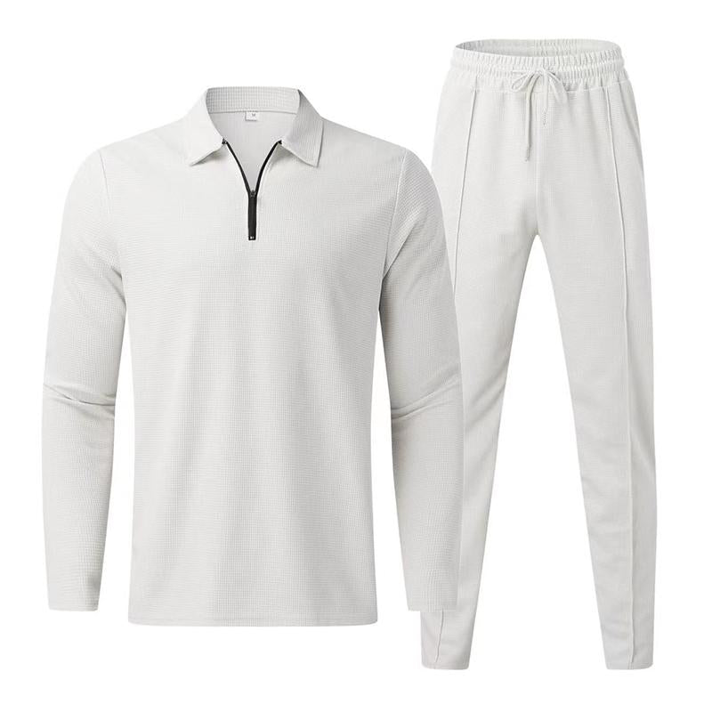 Mens Casual Lapel Long-Sleeved Polo Shirt And Trousers Two-Piece Set 09461761M