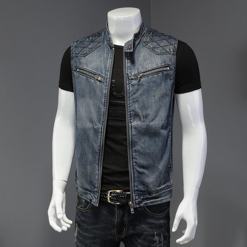 Mens Vintage Stitching Stand Collar Motorcycle Denim Vest 17095434Y