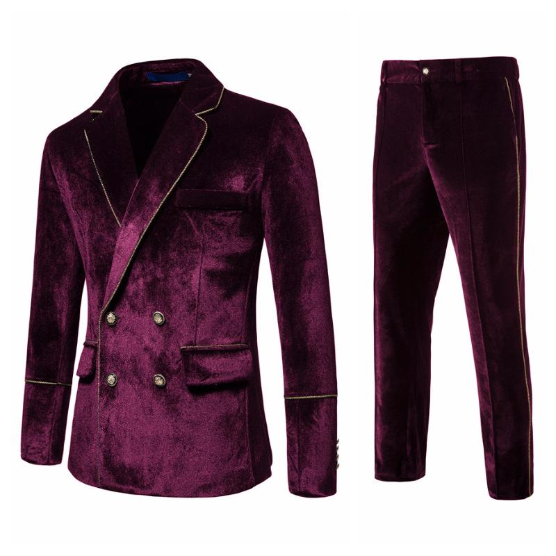 Mens Vintage Contrast Trim Velvet Double Breasted Wedding Blazer Pants Suit 01449780M