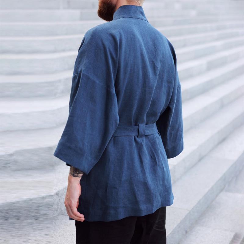 Mens Casual Solid Color Linen Shirt Jacket 51282514Y