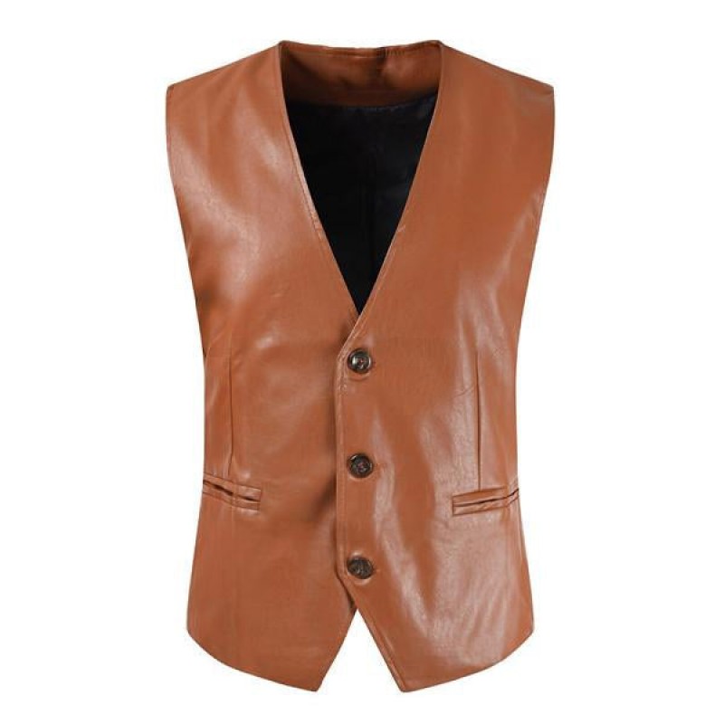 MENS VINTAGE V NECK LEATHER VEST