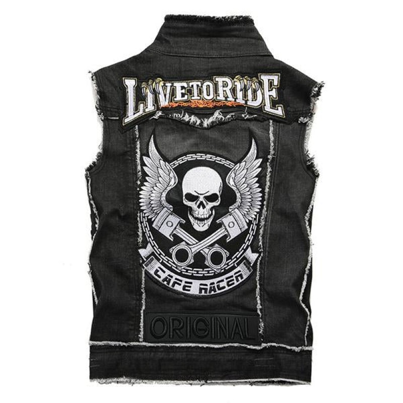 Mens Washed Embroidered Skull Denim Vest 11712032M