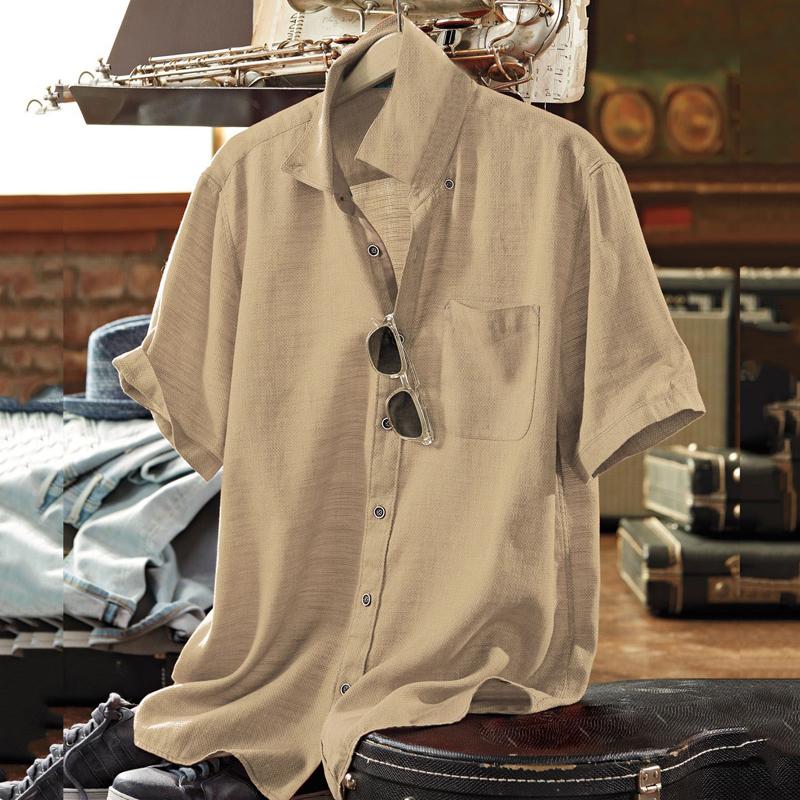 Mens Cotton and Linen Solid Color Lapel Short-sleeved Shirt 17520449X